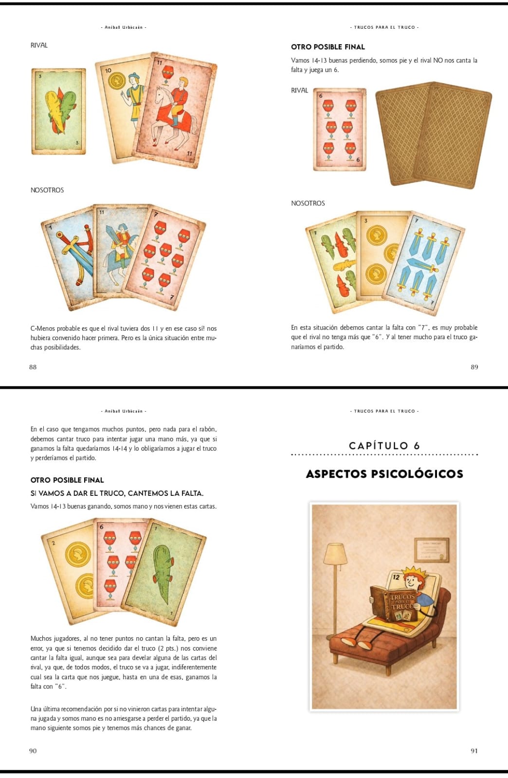 Páginas interiores del libro — ilustraciones de jugadas y estrategias del Truco argentino